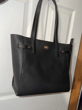 Michael Kors Black Leather Saffiano Tote with Gold Hardware